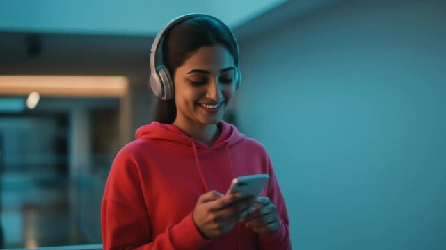 Happy young woman listening to music on headphones while using smartphone indoors at night