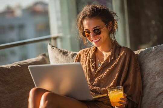 Laptop Balcony. Caucasian Woman Enjoying Design Atmosphere on Cosy Balcony Working on Computer - Powered by Adobe