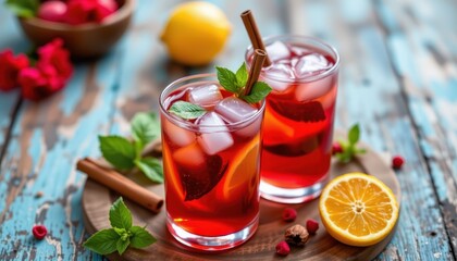 discuss the antioxidant rich qualities of fresh hibiscus and cinnamon iced tea for refreshing summer hydration.