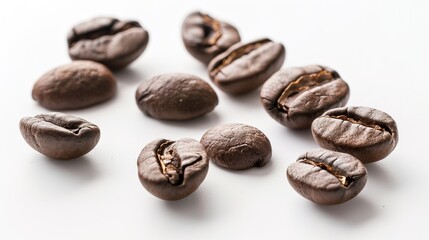 Obraz premium Arabica Elegance: Artistic White Background Coffee Bean Images – Glossy Roast Gradients, Textured Bean Creases, Aromatic Steam Hints, and Precision-Arranged Coffee Bean Patterns in High-Contrast Photo