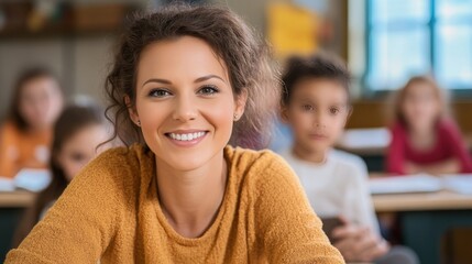 Young educator smiles in vibrant classroom, inspiring and engaging students with positivity.