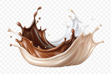 realistic 3d smooth liquid chocolate and milk splashes in different style isolated on transparent background	
