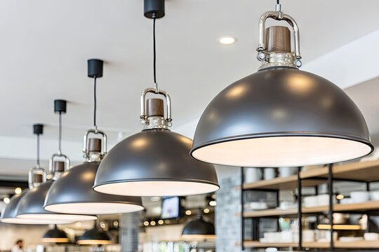 Modern, dark gray pendant lights hang in a row,  illuminating a space.  Soft, diffused light fills the scene