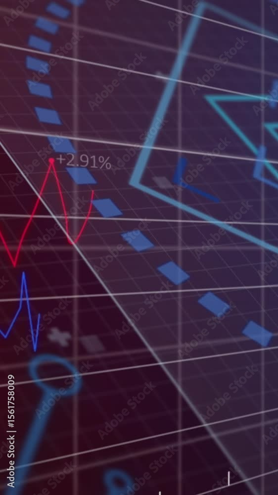 Poster animation of geometric shapes with circuit board pattern and graphs with changing numbers