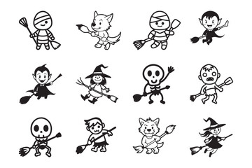 Charming hand drawn halloween cartoon characters with broomsticks on white background