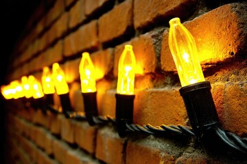 Warm yellow string lights against a brick wall