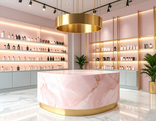 Elegant Pink Onyx Podium in a Luxurious Skincare Boutique