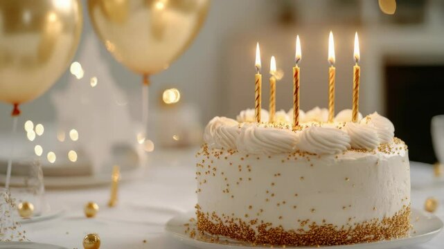 White cake with lit candles, topped with white frosting and gold accents; part of a festive table setting for a birthday celebration.