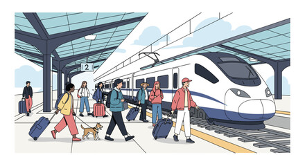 People with luggage and a dog wait on a train platform for a high speed train to arrive on a bright day