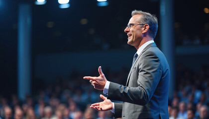 Businessman delivers speech at conference. Speaker wears suit, glasses. Audience listens. Leadership presentation at corporate business event. Pro public speaking, business meeting.