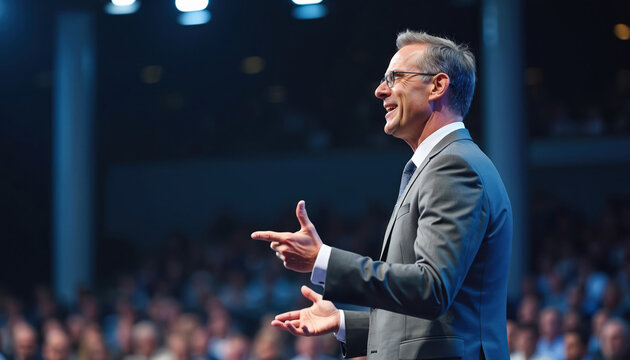 Businessman delivers speech at conference. Speaker wears suit, glasses. Audience listens. Leadership presentation at corporate business event. Pro public speaking, business meeting.