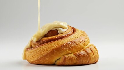 Golden cinnamon roll with sweet white icing generously drizzling from above in a clean studio setting - Powered by Adobe