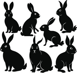 A charming collection of black silhouette rabbits, capturing the gentle and curious nature of bunnies