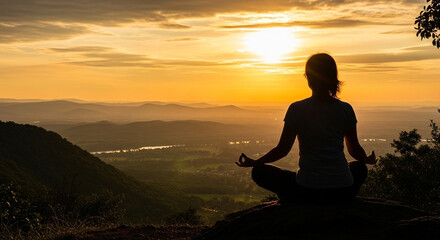 Fototapeta premium Silhouette of woman meditating in lotus position at sunset overlooking mountains and valley landscape