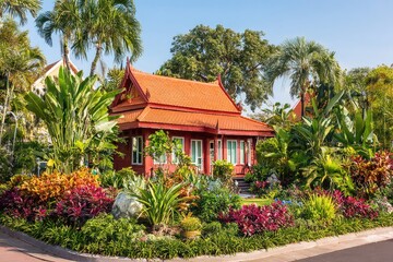 Red Thai-style house nestled amidst lush tropical gardens