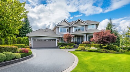 Big custom made luxury house with nicely landscaped and trimmed front yard and driveway to garage.