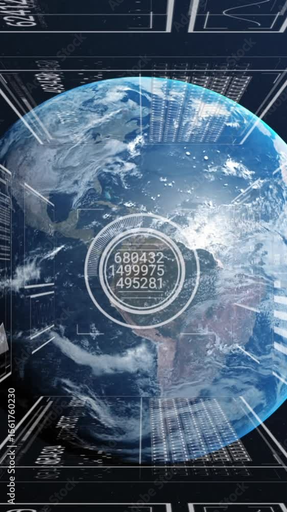 Poster animation of graphs, changing numbers, loading circles and bars over globe on abstract background