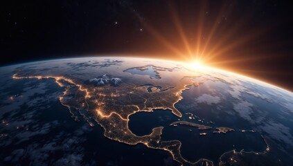 Sunrise Over Earth Showcasing North America With Luminous City Lights