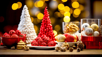 Festive Holiday Decorations with Red and Gold Ornaments and Trees