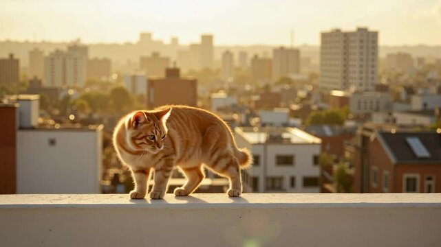 Orange cat walking on rooftop ledge during sunset over cityscape  