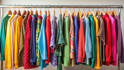 Vibrant garment organized on a stylish clothes rack display with various colors and textures, style accessory, trendy clothing