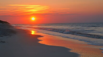 Obraz premium Stunning Sunset Beach Scene Orange Sky Ocean Waves Sand