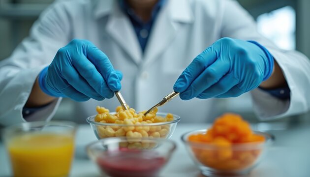 Scientist tests food samples in lab. Healthy food samples. Laboratory analysis of pasta, carrot, juice. Science of healthy food. Researcher conducts experiment. Nutritious food. Food quality,