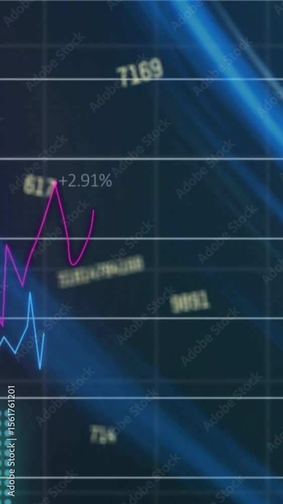Poster animation of changing numbers against neon round scanner and statistical data processing