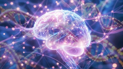 Animating digital brain pulsing in scifi network simulating brain activity with DNA helix strands - Powered by Adobe