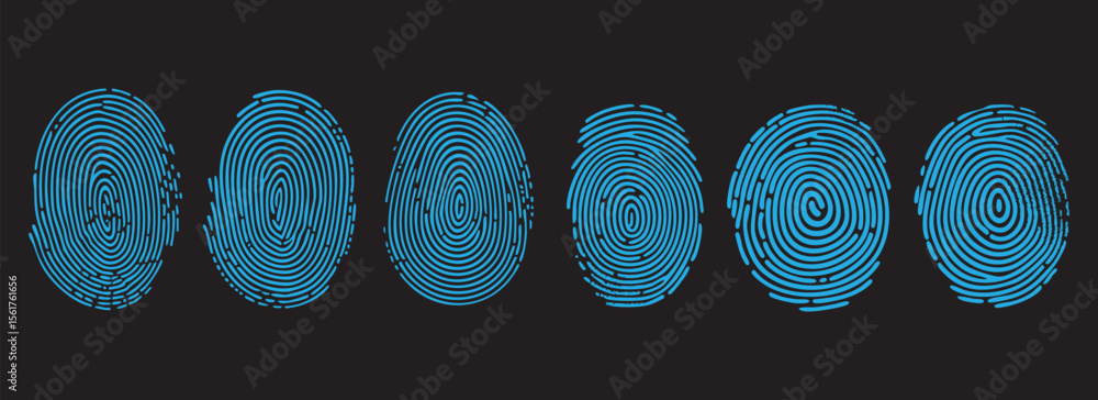 Poster distorted blue fingerprint vector set on dark background. abstract biometric print design for cyber 