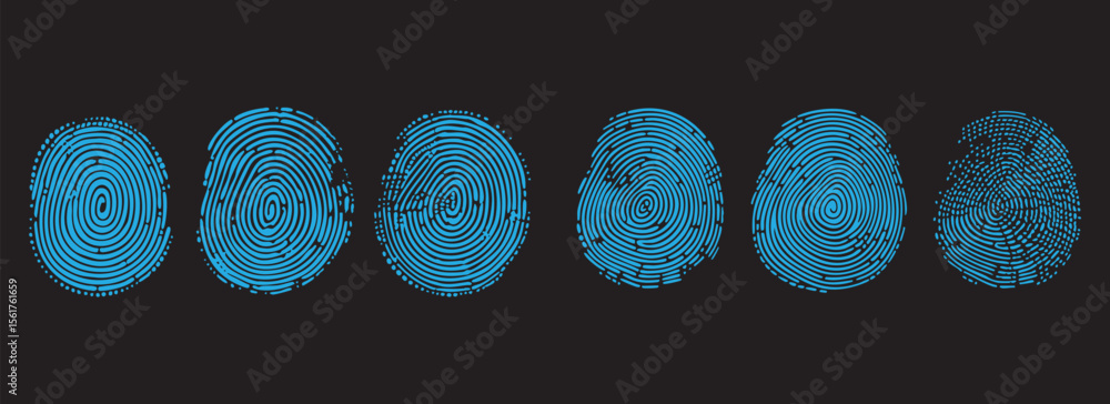 Poster distorted blue fingerprint vector set on dark background. abstract biometric print design for cyber 