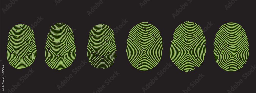 Poster green fingerprint scan vector icons set. biometric identification pattern design for digital securit