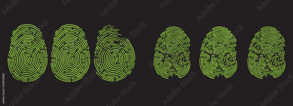 Poster green fingerprint scan vector icons set. biometric identification pattern design for digital securit