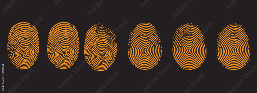 Poster orange fingerprint vector collection on dark background. biometric identity scan symbols for digital