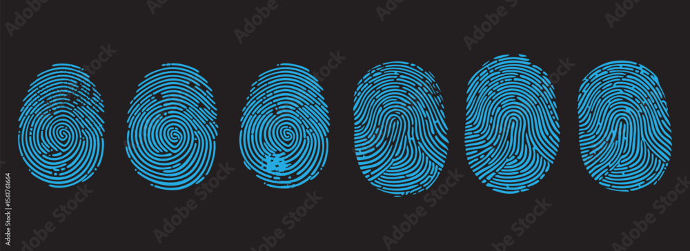 Poster blue fingerprint pattern set vector illustration. unique biometric identity scan concept on dark bac