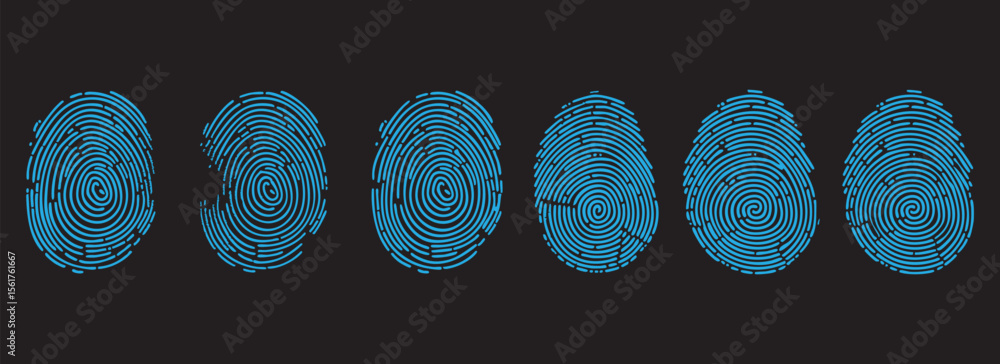Poster blue fingerprint pattern set vector illustration. unique biometric identity scan concept on dark bac