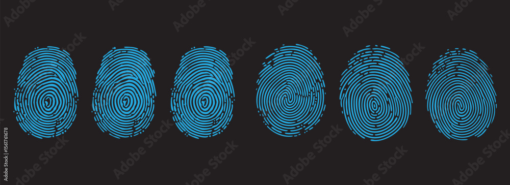 Poster blue fingerprint pattern set vector illustration. unique biometric identity scan concept on dark bac
