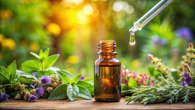 Dripping natural essential oil into a bottle on blurred background with a medicine dropper in focus, medicinal plants, healthcare - Powered by Adobe