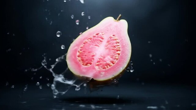 A halved guava fruit with pink flesh is suspended, surrounded by splashing water droplets against a dark background.