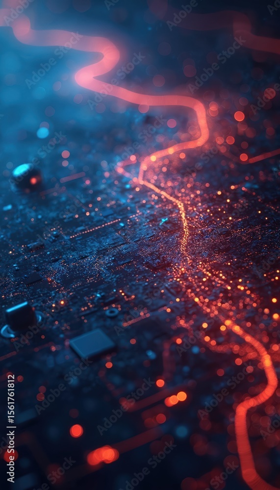 Poster abstract digital data stream in cyberspace. futuristic view of computer circuit board with bright li