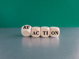Action and reaction symbol. Turned a cube and changes the word action to reaction. Beautiful green...
