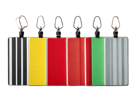 Brightly colored referee cards with clean minimal layout