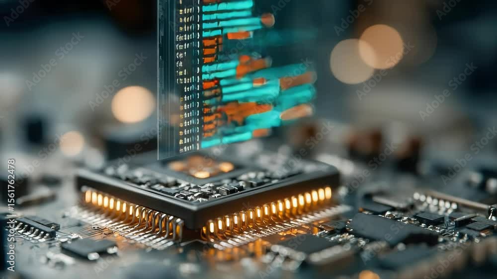 Poster a close-up of a computer chip with glowing connections and floating digital code, symbolizing modern