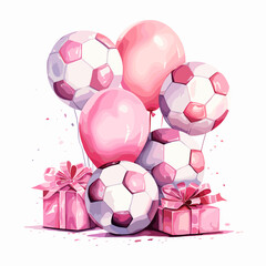 Soccer balls and pink balloons with gift boxes for celebration  
