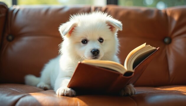 Adorable white puppy pretends read book relaxing on sofa. Fluffy pet, soft fur, cute eyes looks. Whimsical moment of home comfort, relaxation. Sunny afternoon, sweet expression, joyful, playful.