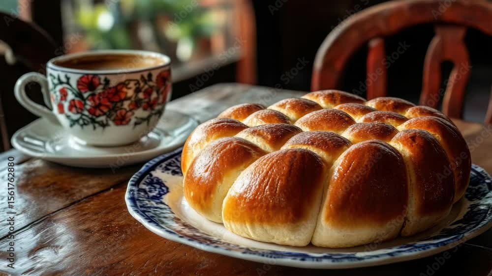 Poster a plate of bread sits on a table next to a cup of coffee. the bread is in the shape of a circle and 