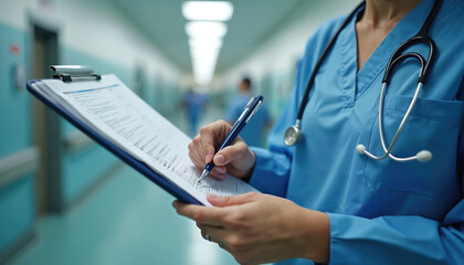 Healthcare worker in blue scrubs writing medical chart. Stethoscope, pen, chart. Hospital corridor background. Person in scrubs records data. Medical pro at work. Nurse, doctor in clinic.