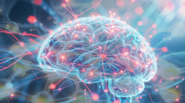 Brightening midbrain node pulsing impulse through brain in VR space, animating lit pathways, nodes