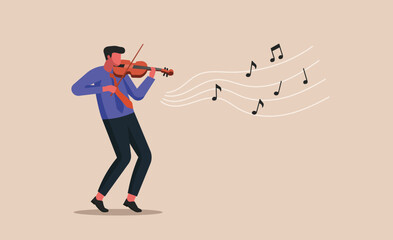 Businessman playing the violin, with music notes flowing out, concept of emotional discipline, self regulation, and personal growth, flat vector illustration
