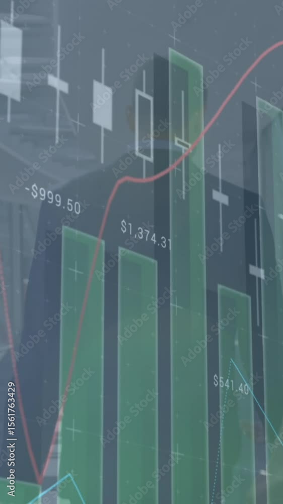 Poster animation of statistical data processing over rear view of diverse man and woman walking at office